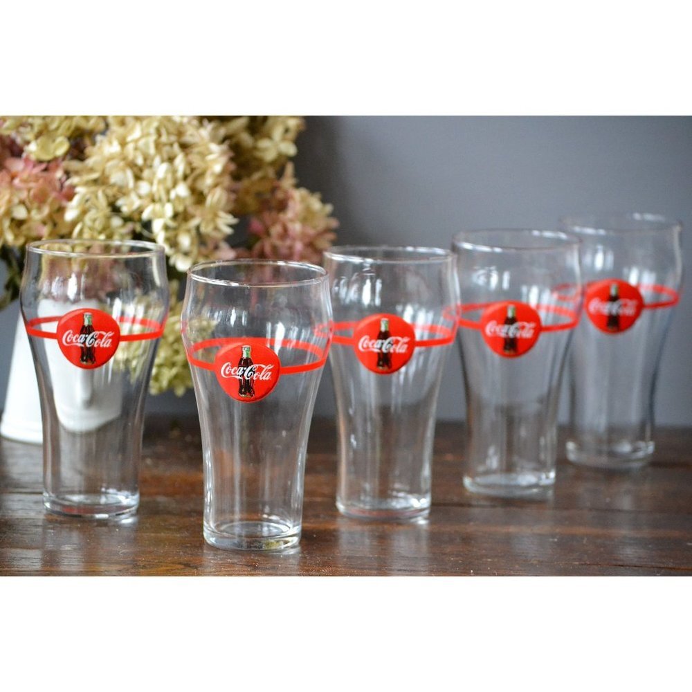 5 Coca Cola Red Line fountain Glasses | classic glass soda vintage bar ware Coke